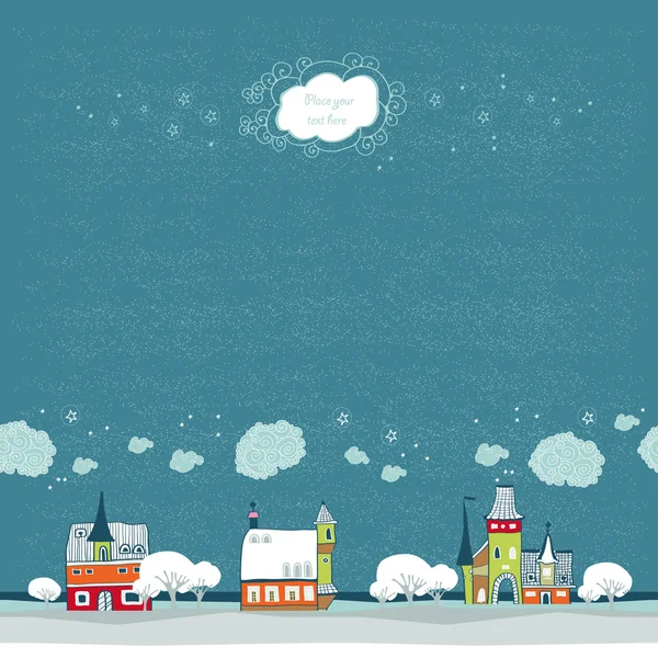 Ročník vánoční přání s městské krajiny a sněžení — Stockový vektor