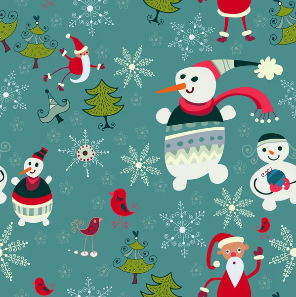 Christmas hand drawn texture with cute Santa deer, doodle snowman — Stock Vector