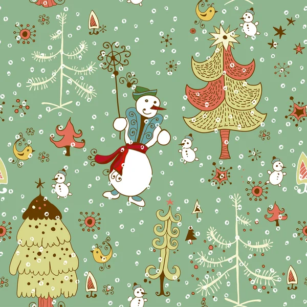 Weihnachten handgezeichnete Textur mit niedlichen Weihnachtsmann Hirsch, Doodle Schneemann — Stockvektor