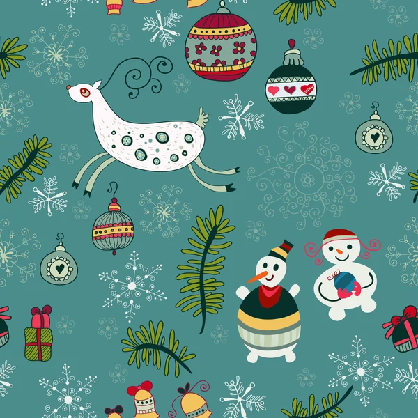 Kerstmis hand getrokken textuur met schattige santa herten, doodle sneeuwpop — Stockvector