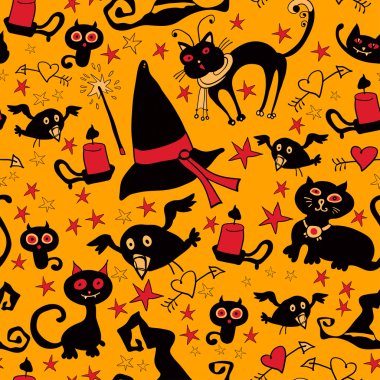 Cadılar Bayramı karikatür sorunsuz doku ile cats ve kargalar