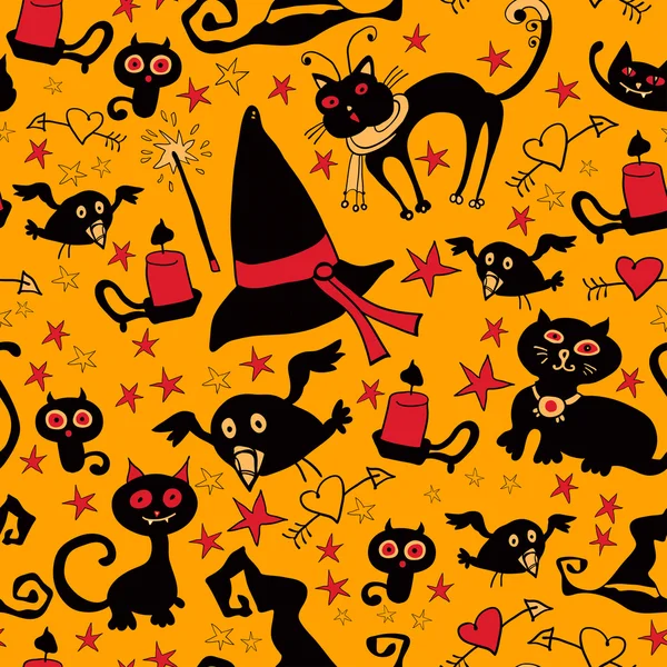 Halloween caricatura textura sin costuras con gatos y cuervos — Archivo Imágenes Vectoriales