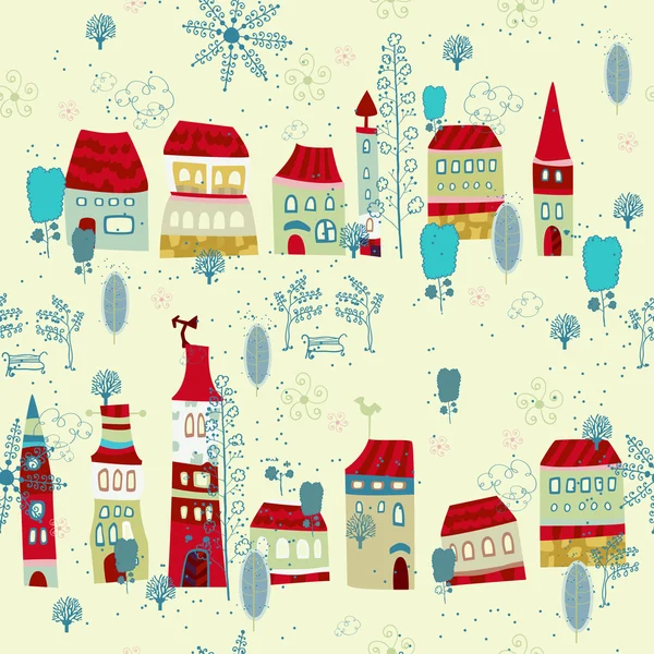 Winter Christmas pattern with houses and trees — Stock Vector