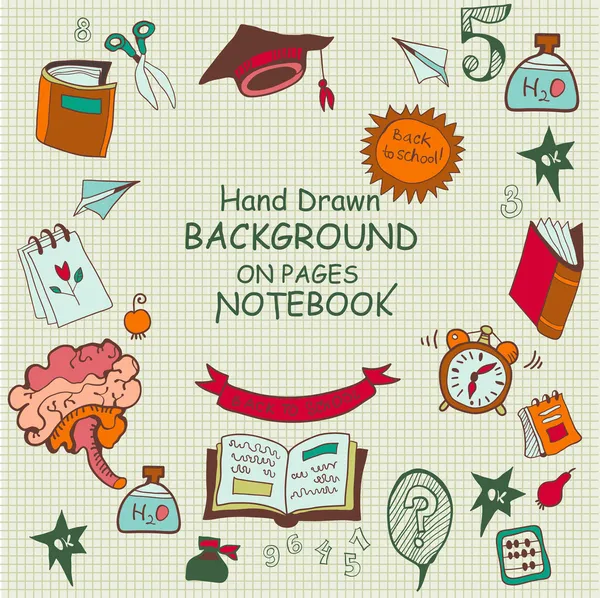 FreeHand tekening school items op een vel van werkboek. — Stockvector