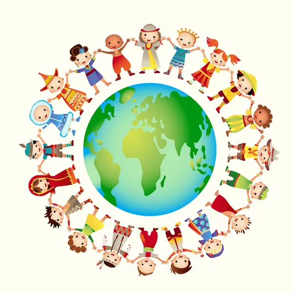 Crianças multiculturais no planeta Terra —  Vetores de Stock