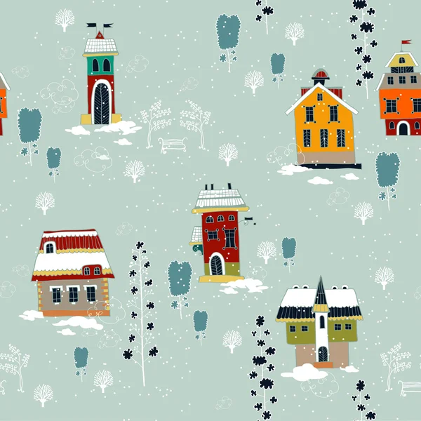 Modèle sans couture de Noël hiver avec des maisons et des arbres — Image vectorielle