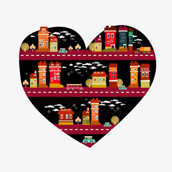Amore di città - forma di cuore con molte icone — Vettoriale Stock