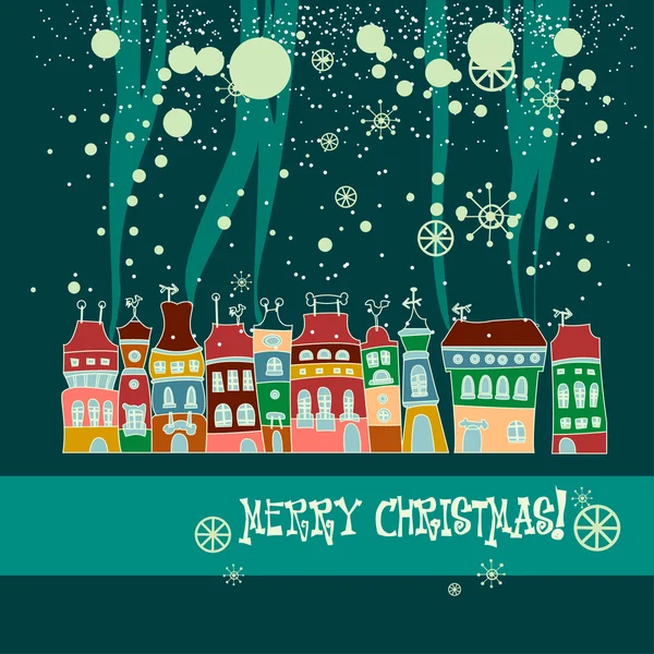 Christmas card with cute little town in winter — Stock Vector