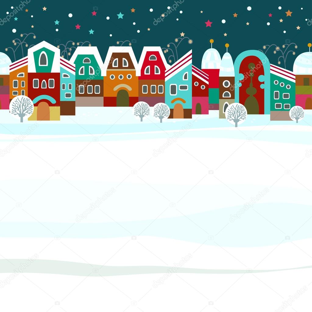 Christmas card with cute little town in winter