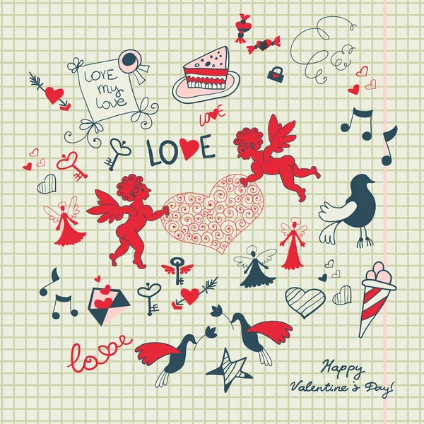 愛のスケッチでバレンタインデーのスクラップ ブックのページ — ストックベクタ