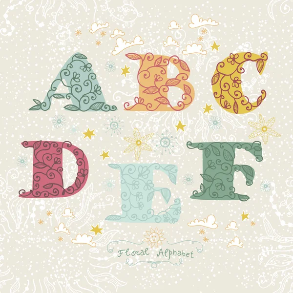 Cute floral alphabet. Letters A, B, C, D, F, E — Stock Vector