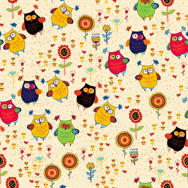 Motif floral sans couture avec hibou et oiseau — Image vectorielle