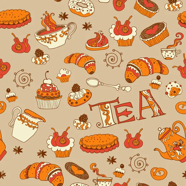Tea,sweets seamless doodle pattern — Stock Vector