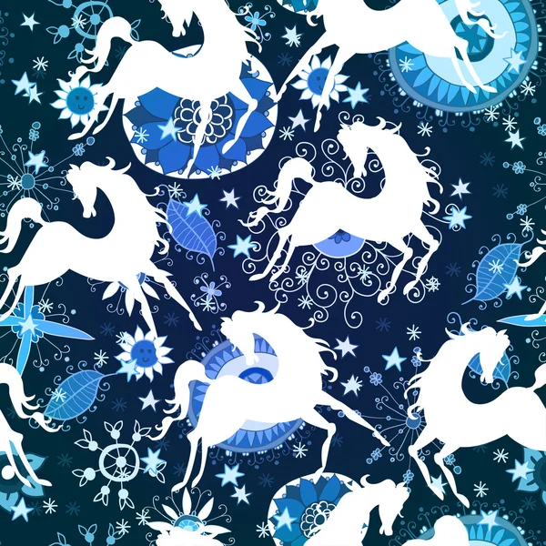 Blauwe patroon met paarden — Stockvector