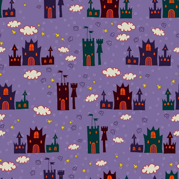 Sömlös med tecknade slottet mönster — Stock vektor