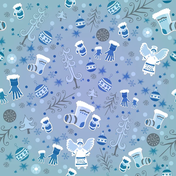 Blue Winter pattern with angels and gloves — Stock Vector