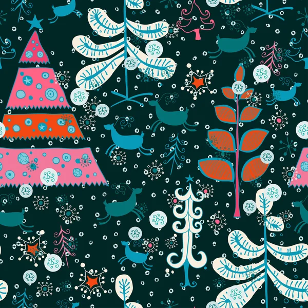 Pattern with cute Santa deer, doodle snowman — Stock Vector