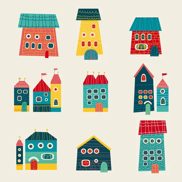 Conjunto de casas lindas dibujado a mano dibujos animados estilo niños — Vector de stock