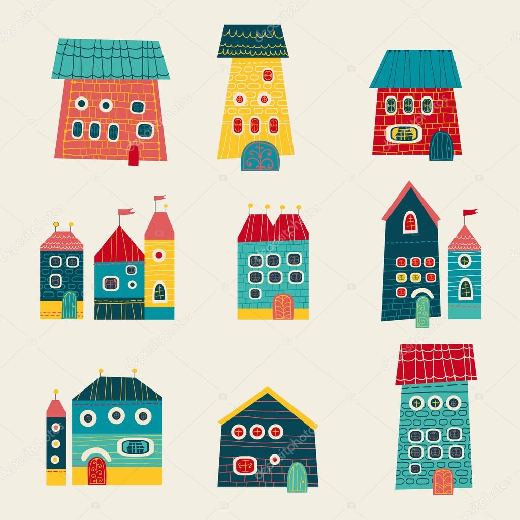 Set of cute houses hand drawn cartoon kids style