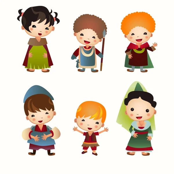 Icono de la gente medieval de dibujos animados. Conjunto — Vector de stock