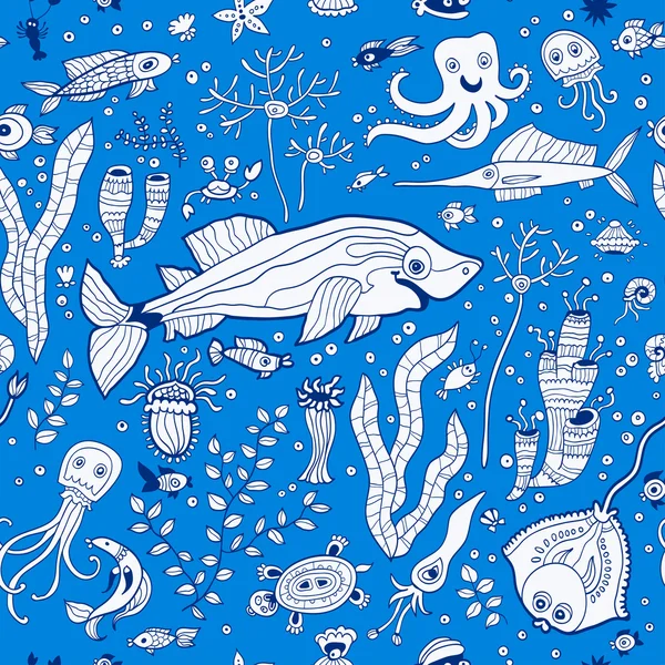 Patrón azul con ballena, algas, pulpo, peces, estrellas de mar , — Vector de stock