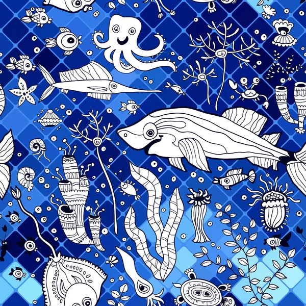 Modèle avec la vie marine. sur le fond mosaïque . — Image vectorielle