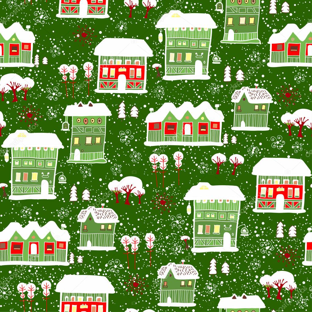 Card with label. Winter background with houses.