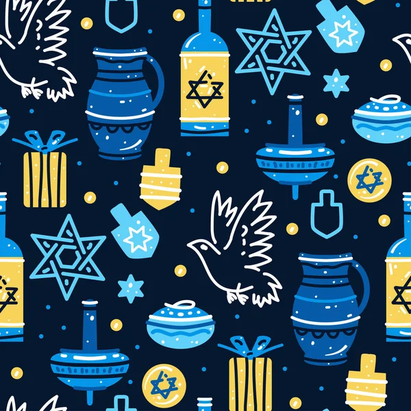 Padrão sem emenda Hanukkah tradicional com símbolos das férias judaicas. — Vetor de Stock