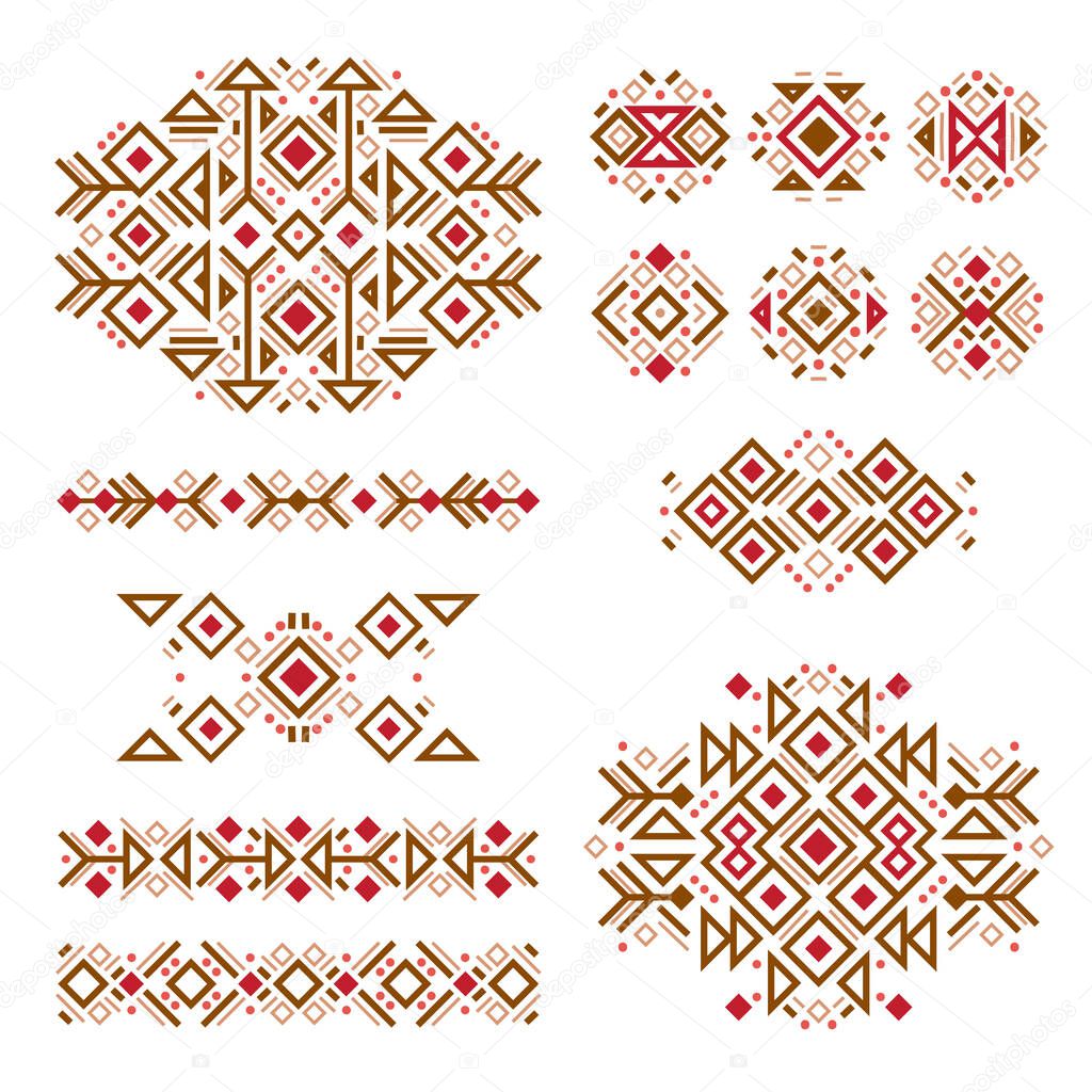 Set of fashion mexican, navajo or aztec, native american patterns. American indian ornate pattern design collection. Tribal decorative templates. Ethnic ornamentation. Navajo elements