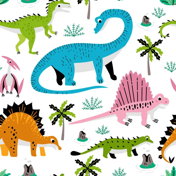 Barnsligt sömlöst mönster med handritad Dino, stockillustration i textil — Stock vektor