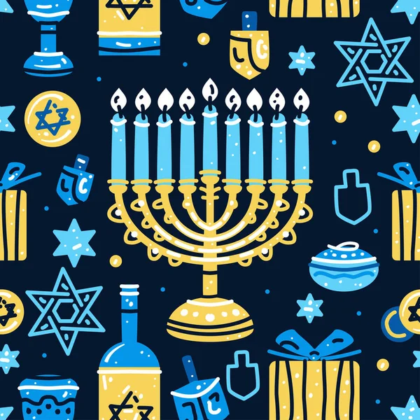 Padrão sem costura feliz Hanukkah com menorah, dreidels, donuts — Vetor de Stock