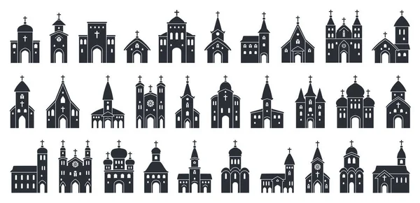 Duży zestaw czarnej ikony kościoła. Wektor ilustracja religia budynku sylwetka — Wektor stockowy