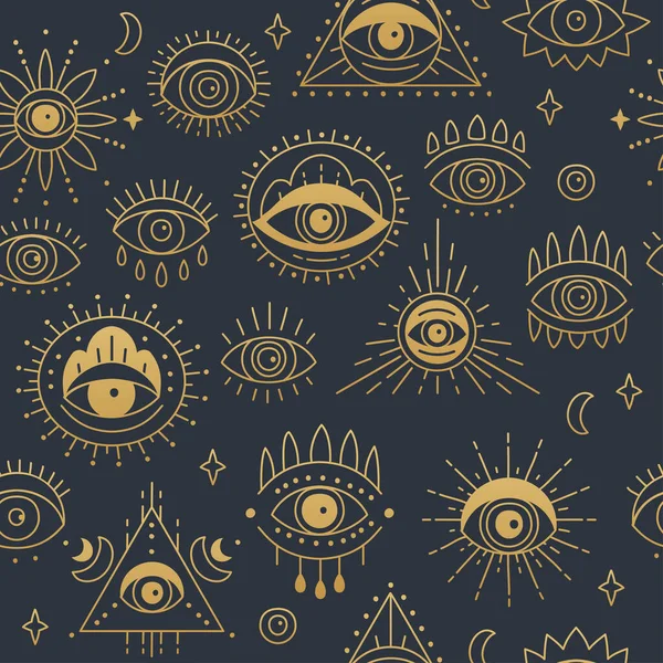 Gold Evil doodle eye seamless pattern design. Hand drawn witchcraft eye talisman — Stock vektor