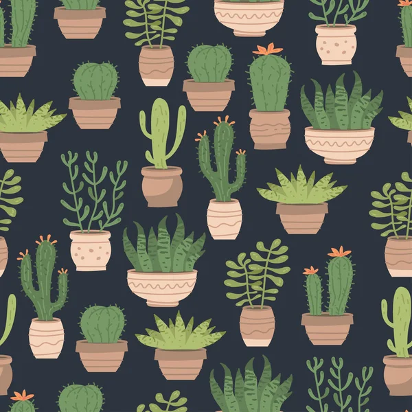 Naadloos patroon verschillende leuke cactus en vetplanten in potten op wit — Stockvector