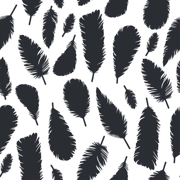 Plumas de aves dibujadas a mano, siluetas negras patrón sin costuras — Archivo Imágenes Vectoriales