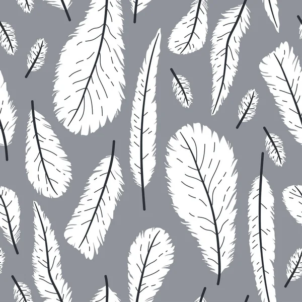 Ручное рисование белых перьев птицы, в плоском стиле бесшовный узор — стоковый вектор