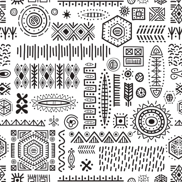 Fondo sin costuras en blanco y negro Patrón de formas geométricas tribales africanas. — Vector de stock