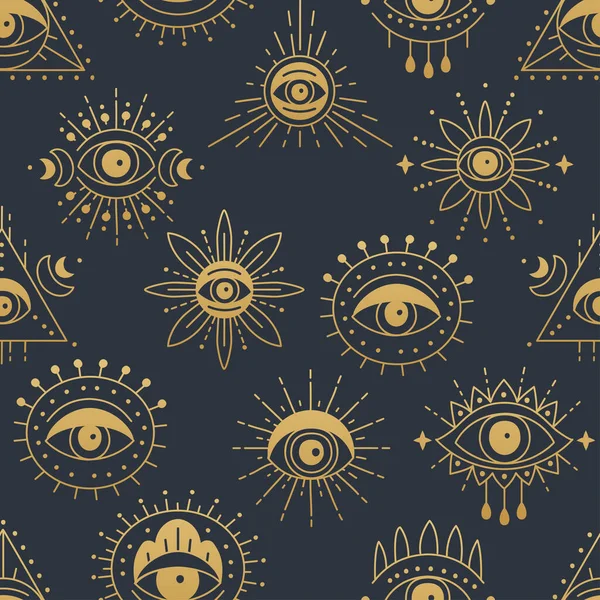 Gold Evil doodle eye seamless pattern design. Hand drawn witchcraft eye talisman — Stockvektor