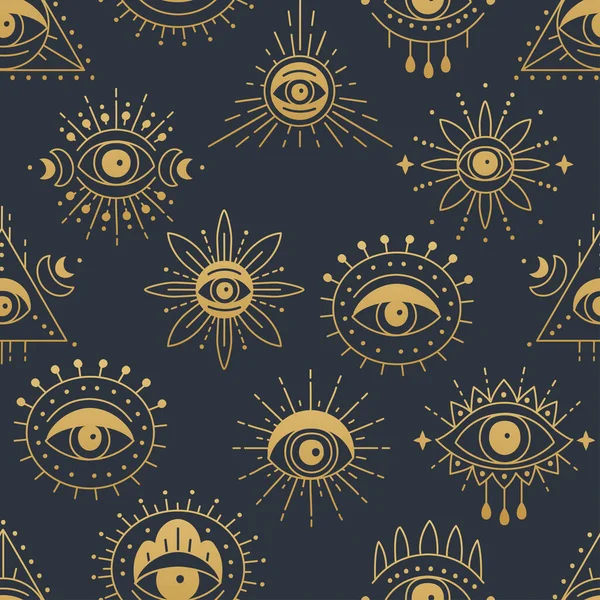 Gold Evil doodle eye seamless pattern design. Hand drawn witchcraft eye talisman — Stock vektor