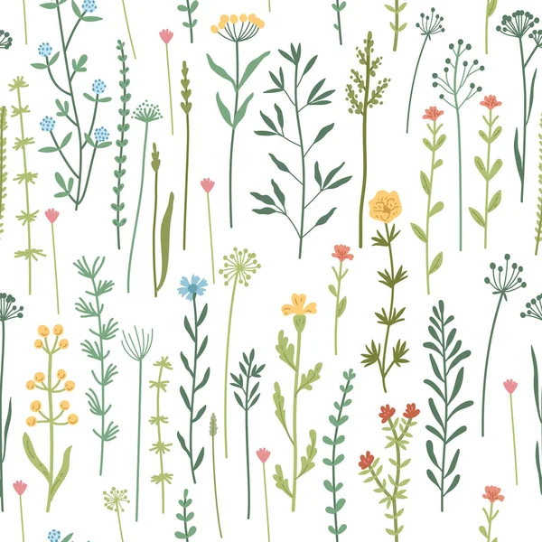 手描きの植物、葉、野生の花とシームレスな花のパターン. — ストックベクタ