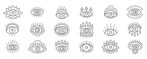 Malvagio occhio magico doodle impostato in uno stile lineare minimale di tendenza — Vettoriale Stock
