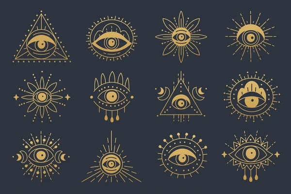 Line Art Icon Set Evil Seeing Eye Gold Mystic Esoteric — Stock Vector