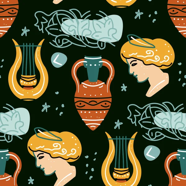 Naadloos patroon met antiek standbeeld van vrouw, amfora, harp, patroon — Stockvector