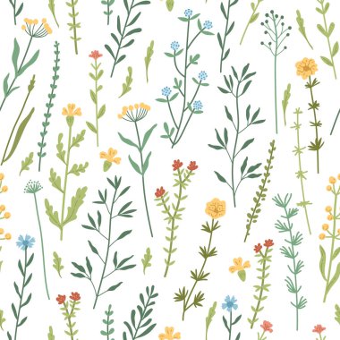 Kusursuz çiçek desenleri, el çizimi bitkiler, yapraklar, yabani çiçekler..