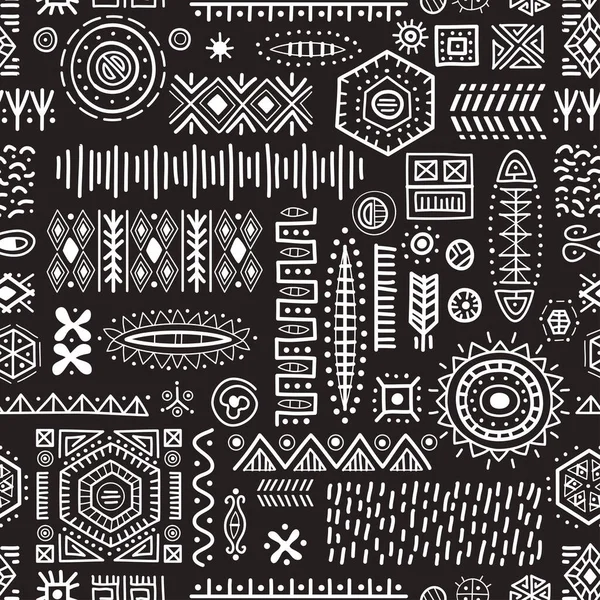 Schwarz-weißer nahtloser Hintergrund afrikanischer Stammesgeometrien Muster. — Stockvektor