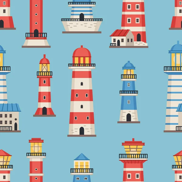 Vector flat style lighthouses with searchlight, marine theme seamless pattern — Stock Vector