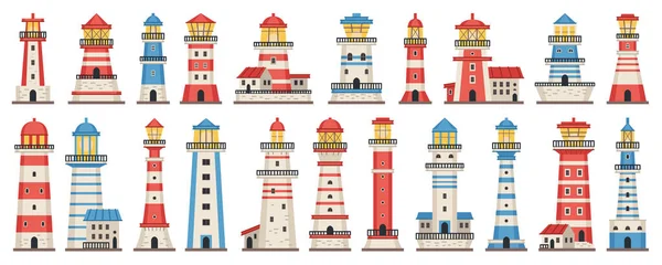 Cartoon lighthouse vector set. Searchlight flat towers of different types — Stock Vector