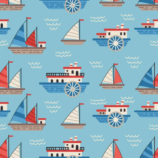 Vector sailboats and ships seamless pattern. Marine flat vector background — Stock Vector