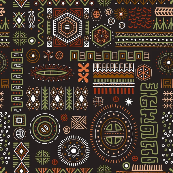 Formas africanas abstractas fondo sin costuras, patrón de decoración geométrica tribal — Vector de stock