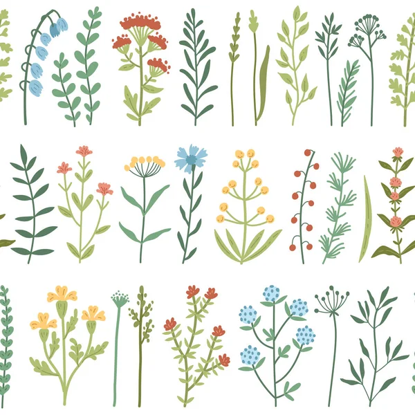 Vektornahtloses Muster mit Wildblumen und Gras — Stockvektor